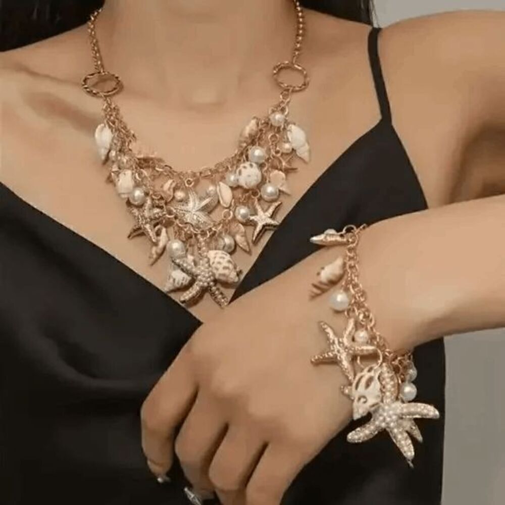 Chunky Golden Beach Starfish Concho Shell Pearl Necklace and Bracelet Set
